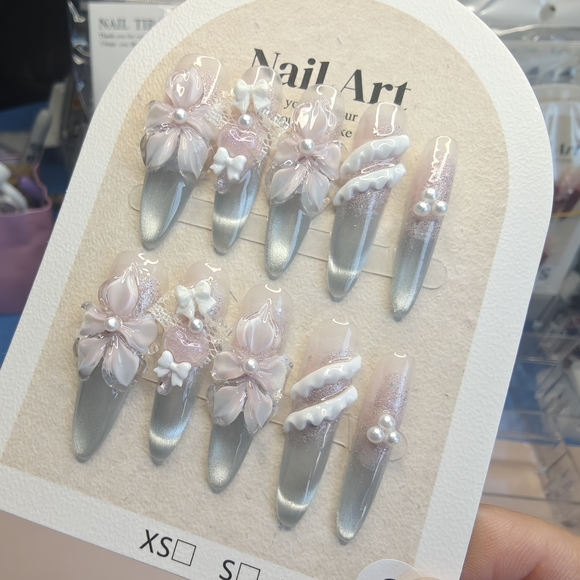 Handmade Other - 3D Pink Flower and Bow Tie Handmade Press-on Long Nail Set